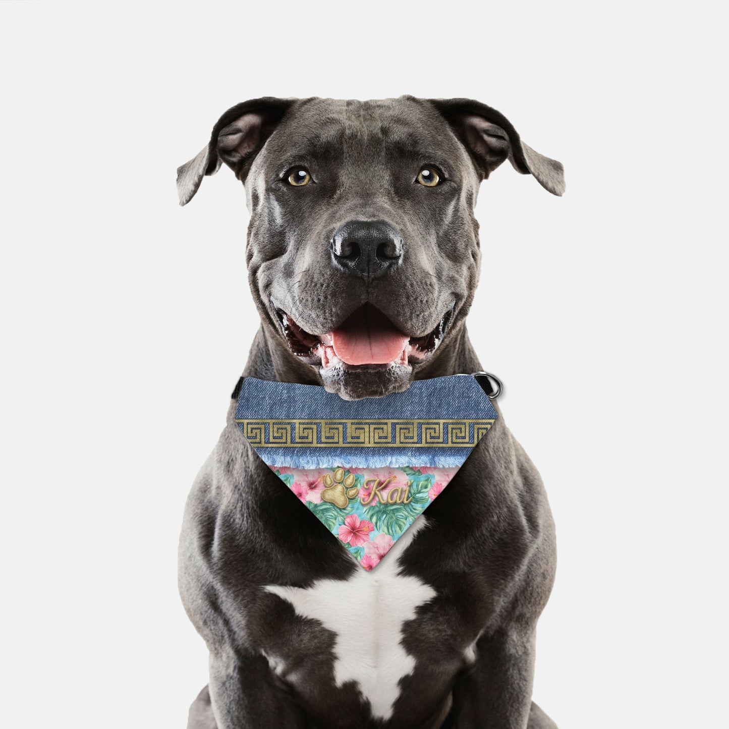 K-Fashion Tropical Floral Custom Paw Print Bandana Collar L