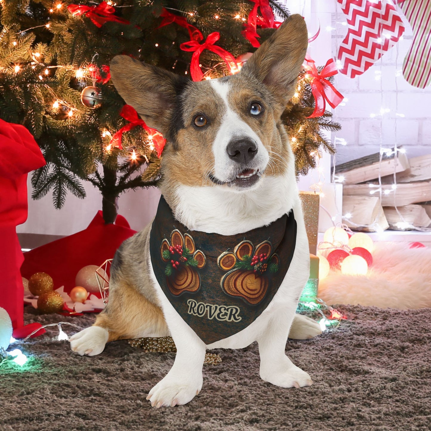 Rustic Holiday Custom Paw Print Bandana Collar
