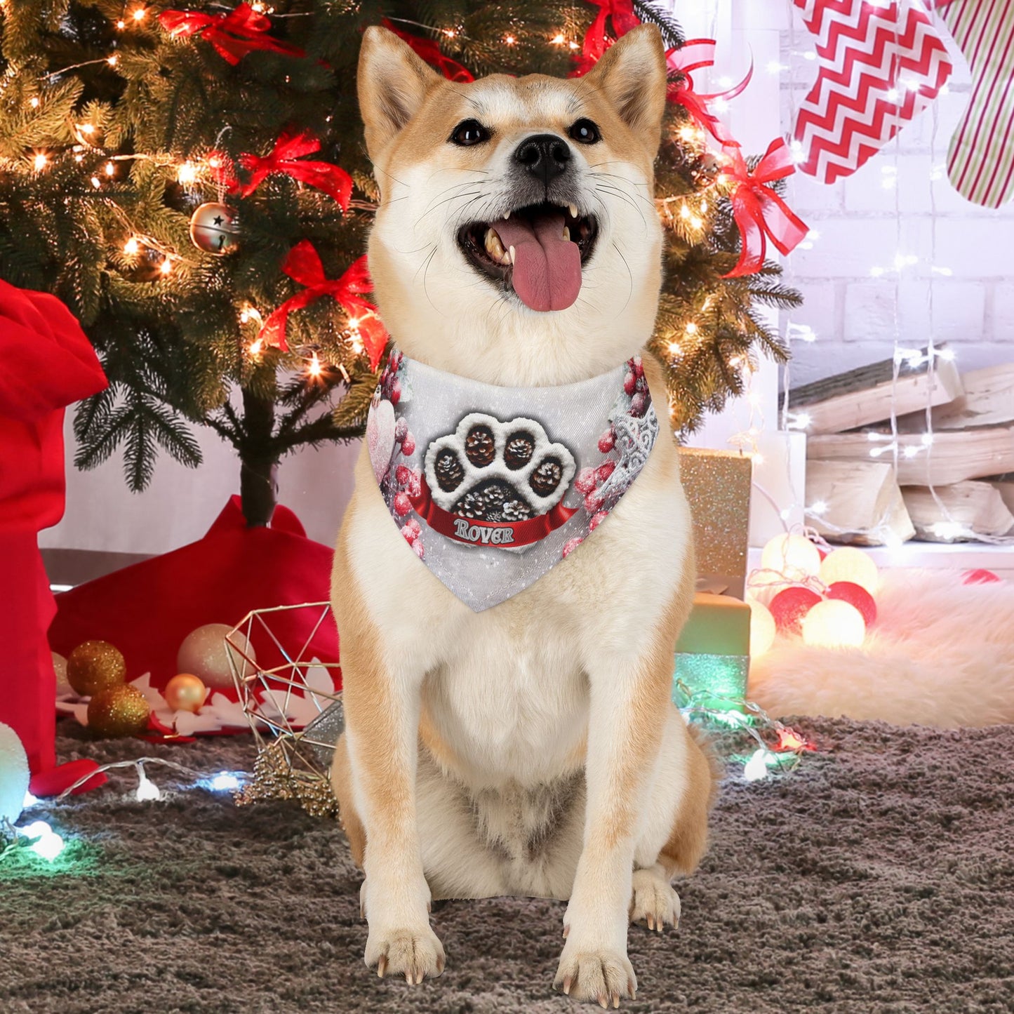 Christmas Pinecone Custom Paw Print Bandana Collar