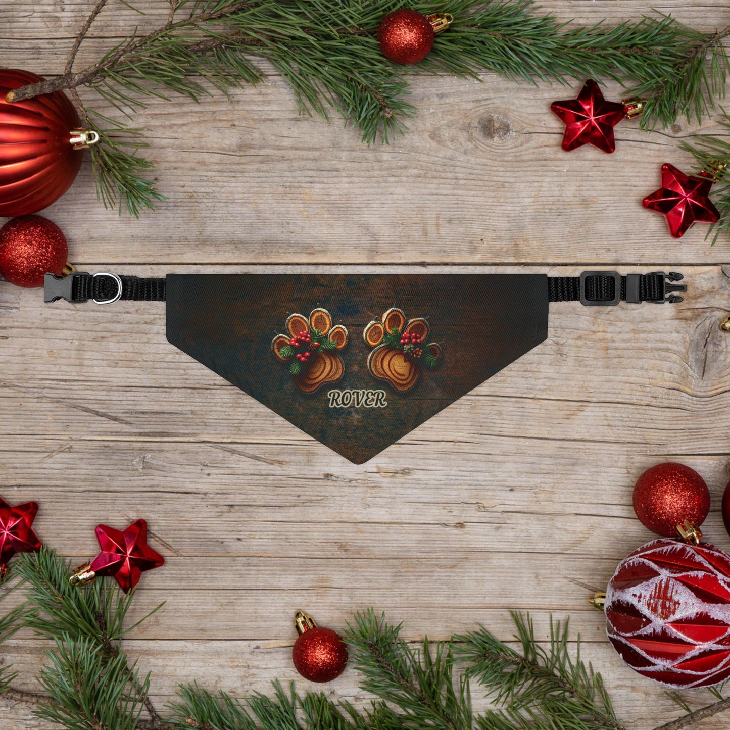 Rustic Holiday Custom Paw Print Bandana Collar