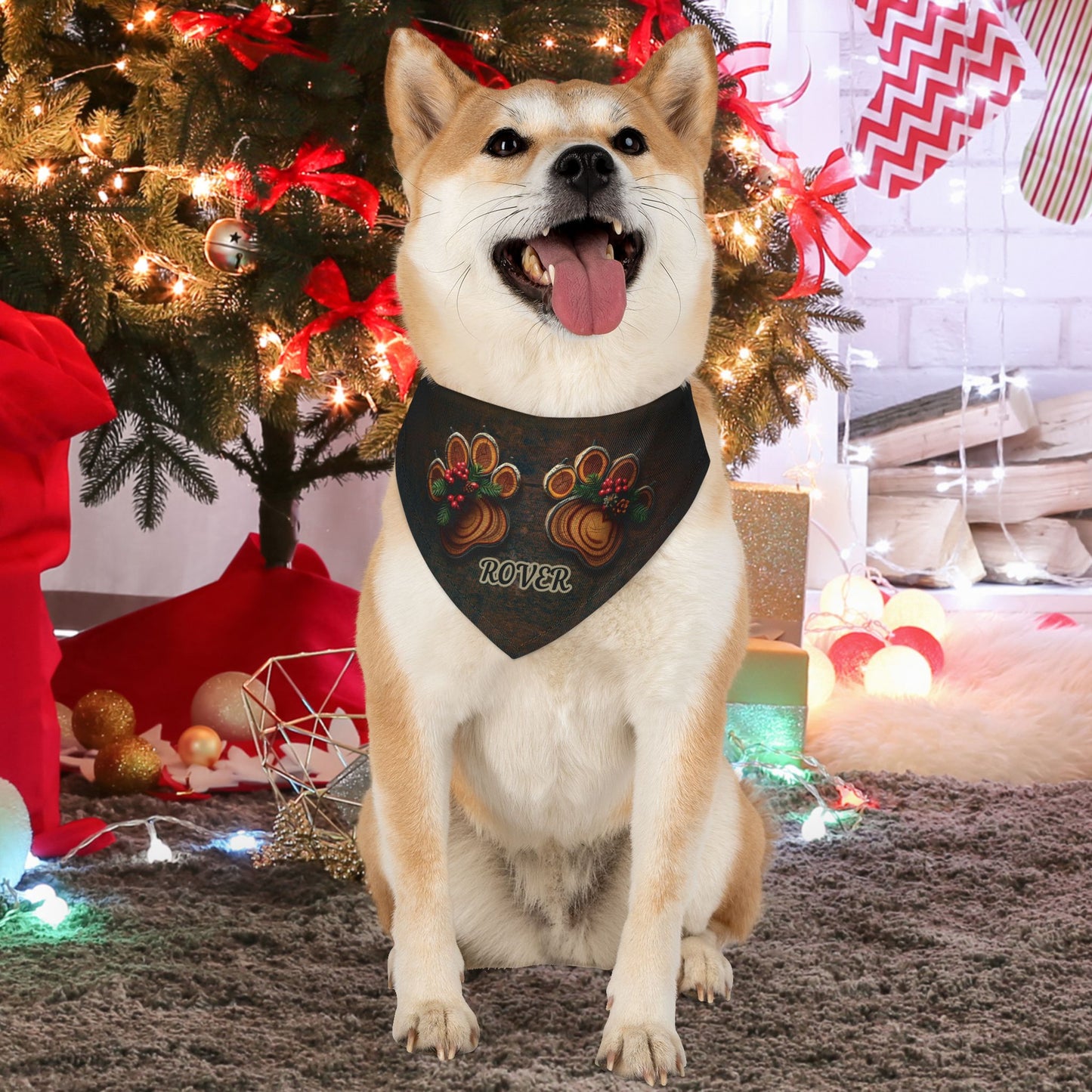 Rustic Holiday Custom Paw Print Bandana Collar