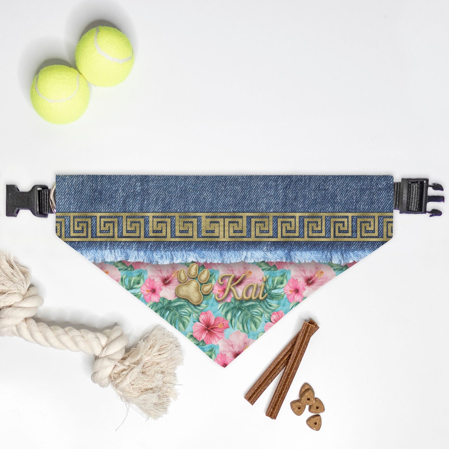 K-Fashion Tropical Floral Custom Paw Print Bandana Collar L