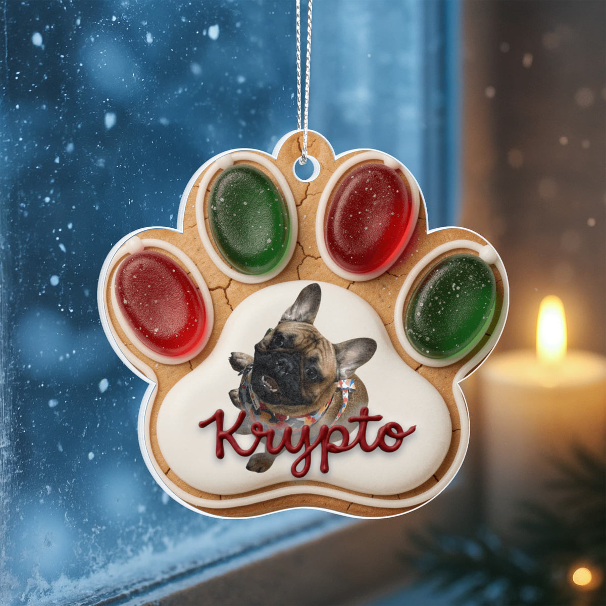 Gingerbread Paw Personalized Acrylic Ornament Red iceing variation
