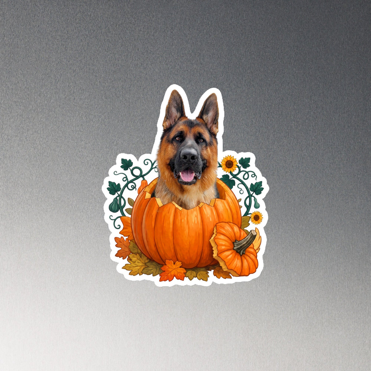 Shadow Pumpkin Pop 6-inch die-cut magnet sample mockup on a grey surface