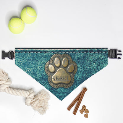 Celtic Medallion Distressed Leather Custom Paw Print Bandana Collar XL