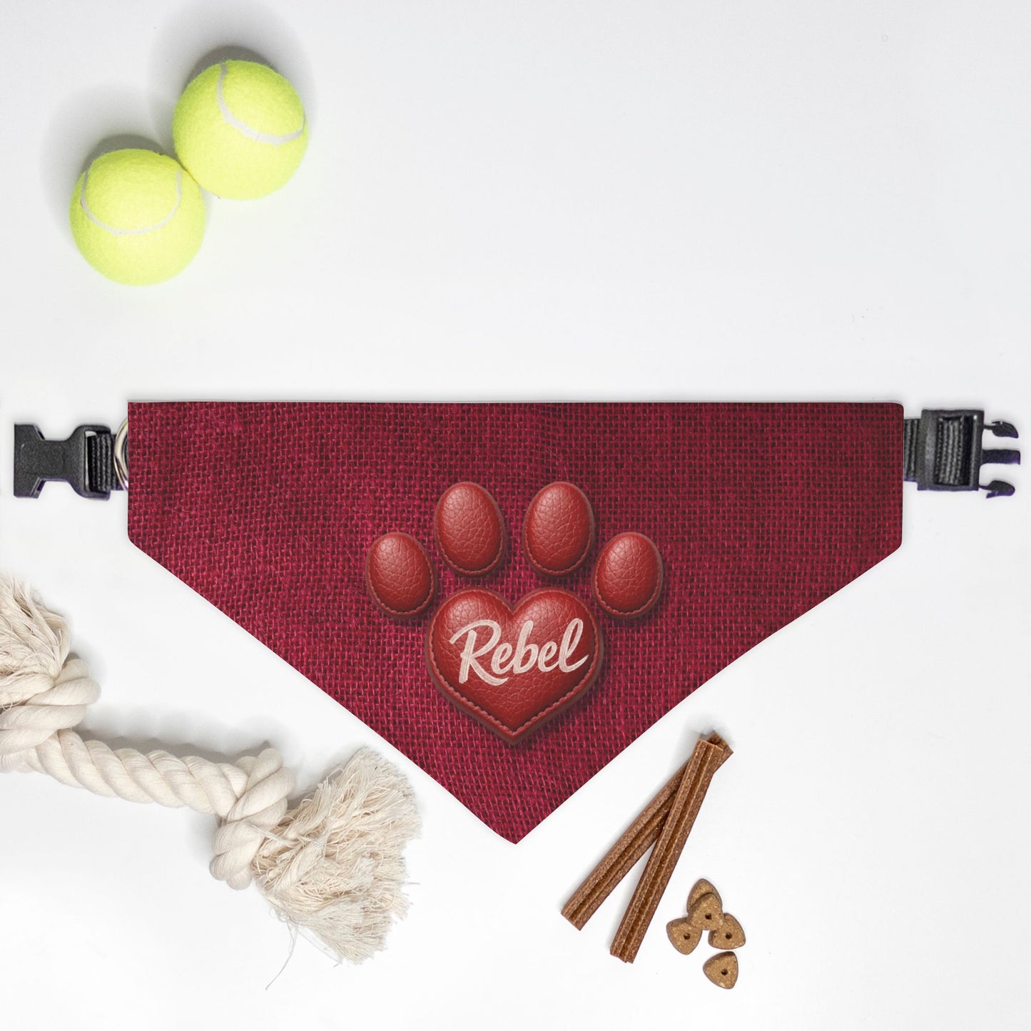 Crimson Leather Heart Custom Paw Print Bandana Collar