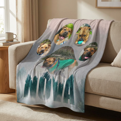 Foggy Pines Pawprint Collage Minky Blanket